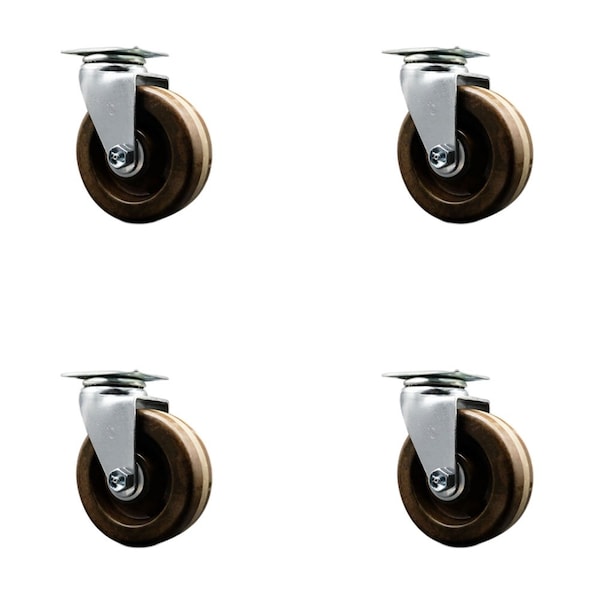 4'' High Temp Phenolic Wheel Swivel Caster Set with Bronze Bearings, 4PK